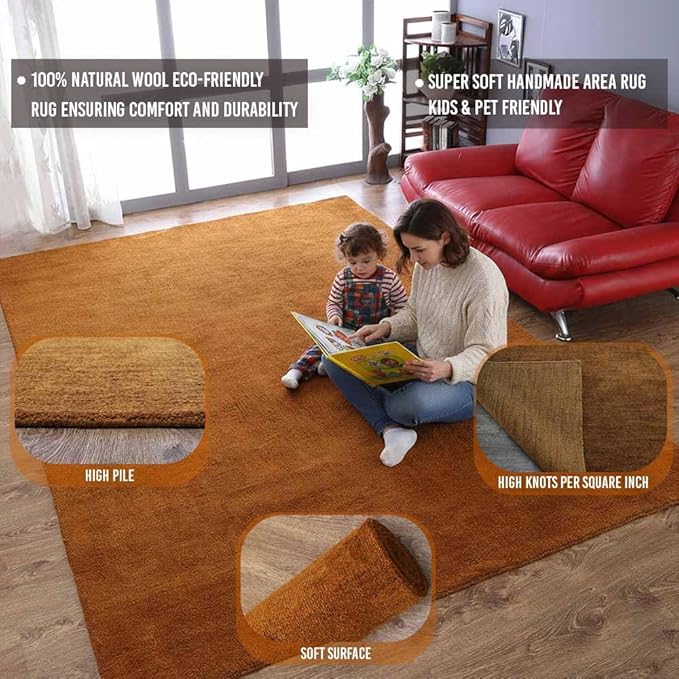 Rugsotic Carpets Hand Knotted Loom Wool ECO-Friendly Area Rugs - 6'x9', Rectangle, Orange Color, Solid Plain Design, High Pile Handmade Anti Skid Area Rugs for Living Room, Bed Room (L00111)
