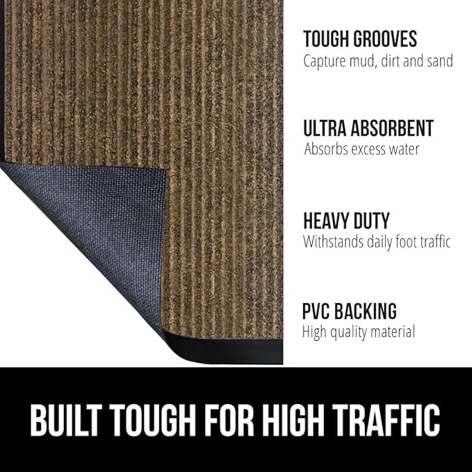 GORILLA GRIP Waterproof Traffic Guard Door Mat, 72x48, Heavy Duty Entryway Mats, Strong Rubber Back Commercial Utility Rugs for Office Hallway, Garage Floor and Home, Low Profile Carpet Runner, Brown