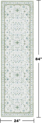 Boho Bathroom Runner 2x7 - Cream Green Oushak Floral Turkish, Washable Low Pile Non Slip Stain Resistant Small Accent Rug for Kitchen, Hallway