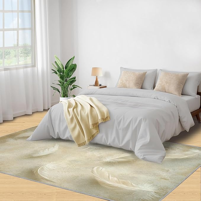 5x7 Feathers Rugs for Bedroom - Minimalist Feathers Print Rug, Natural Still Life Rug Non Slip Soft Rugs for Living Room Hardwood Floors Teen Room