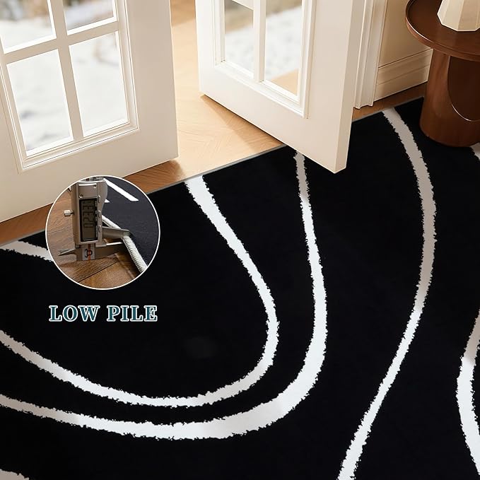 YIHOUSE Abstract Washable Rug 5x7,Ultra Thin Non Slip Black Rugs for Living Room,Modern Minimalist White Stripe Rugs for Bedroom,Dining Room Office Playroom (5'x7',Black-2)