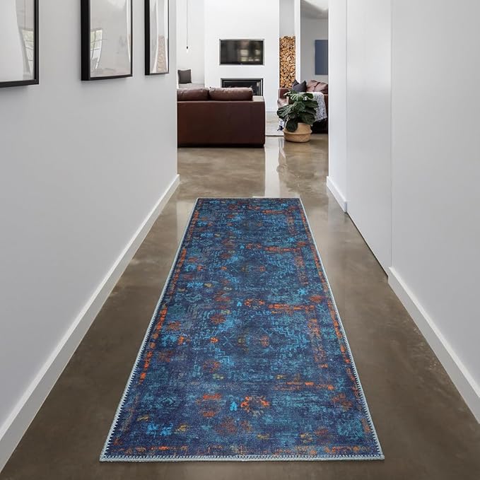 GLN Rugs Contemporary Collection - Machine Washable Area Rug, Contemporary Washable, Non Slip, Low Pile Chenille Rug, Living Room, Bedroom, Kitchen Rug (2'6" x 10' Midnight/Multi)