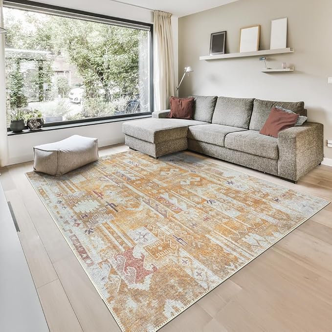 GLN Rugs Traditional Collection - Machine Washable Area Rug, Traditional Washable, Non Slip, Low Pile Chenille Rug, Living Room, Bedroom, Kitchen Rug (9' x 12' Sand/Light Gray)