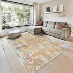 GLN Rugs Traditional Collection - Machine Washable Area Rug, Traditional Washable, Non Slip, Low Pile Chenille Rug, Living Room, Bedroom, Kitchen Rug (6' x 9' Sand/Light Gray)