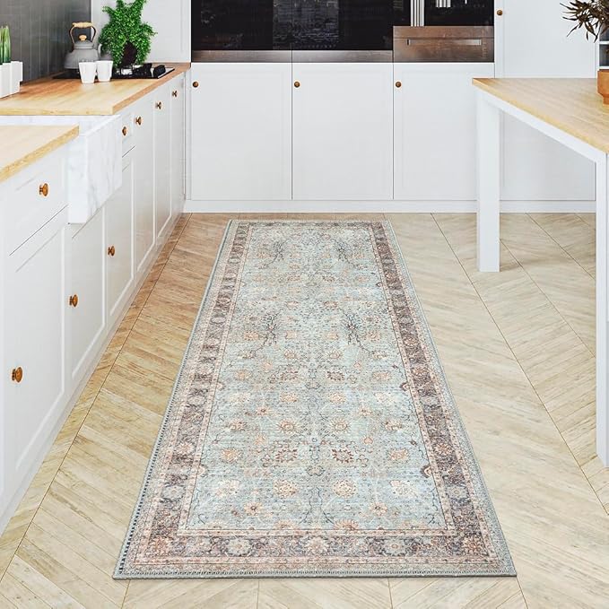 GLN Rugs Traditional Collection - Machine Washable Area Rug, Traditional Washable, Non Slip, Low Pile Chenille Rug, Living Room, Bedroom, Kitchen Rug (2'6" x 7' Light Blue)