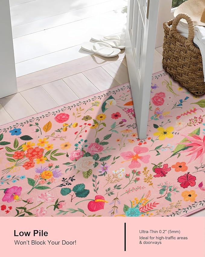 Boho Floral Entryway Rug 2x3, Washable Small Mat for Bathroom and Kitchen, Non Slip Front Door Mat Indoor Entrance, Vintage Style Flower Mat with Rubber Backing, Soft Area Rug for Entry Way (Pink)