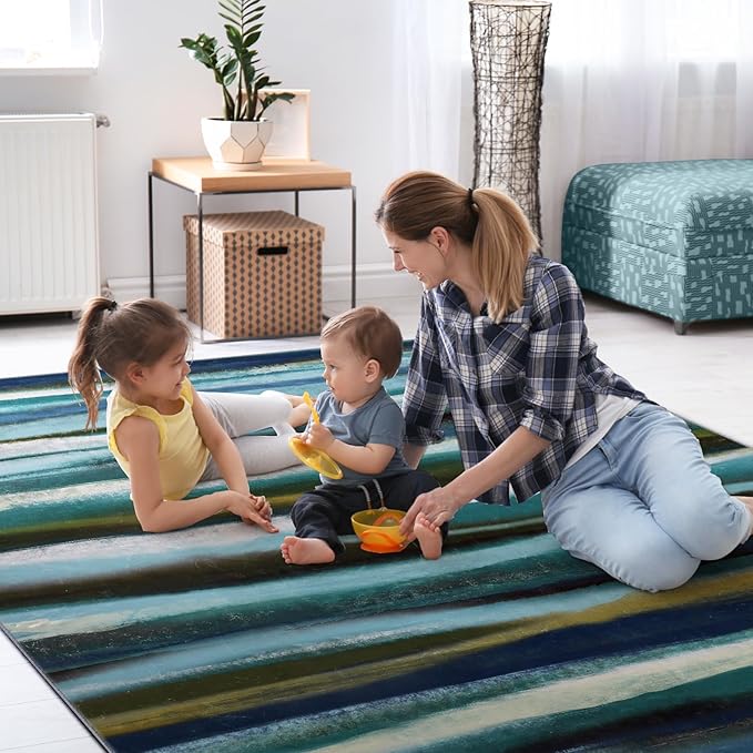 Abstract 9x12 Area Rug, Modern Stripe Teal Rugs for Living Room, Washable Soft Large Non-Slip Floor Carpet for Dining Room Office Bedroom Farmhouse Decor - Teal/Multi