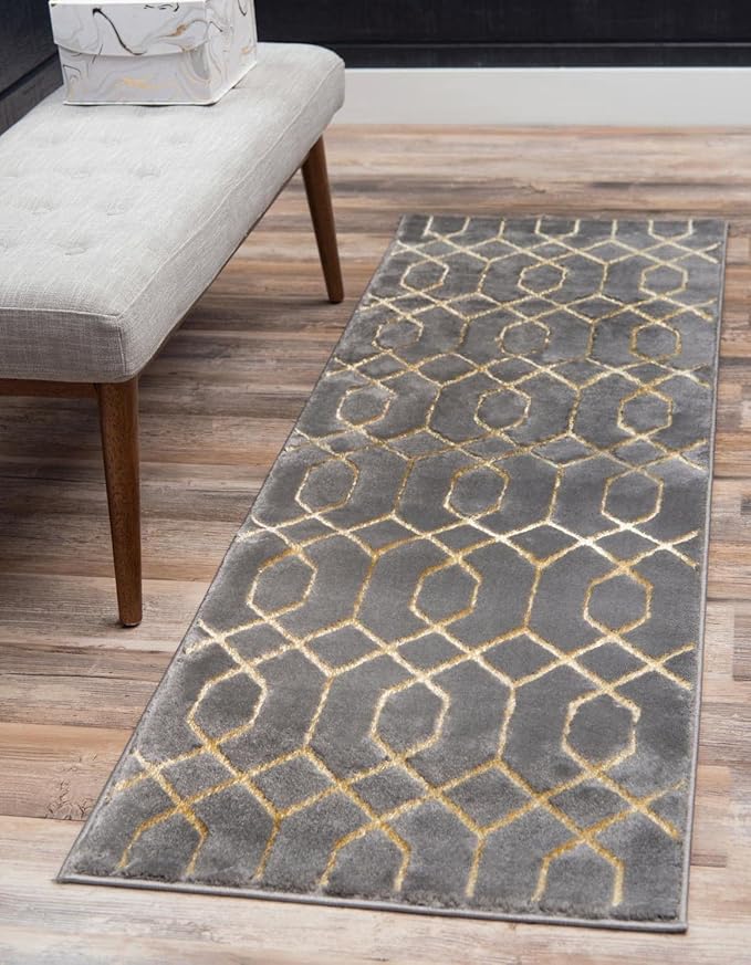Unique Loom Glam Collection Area Rug - Trellis (2' 7" x 12' Runner, Gray Gold/ Gold)