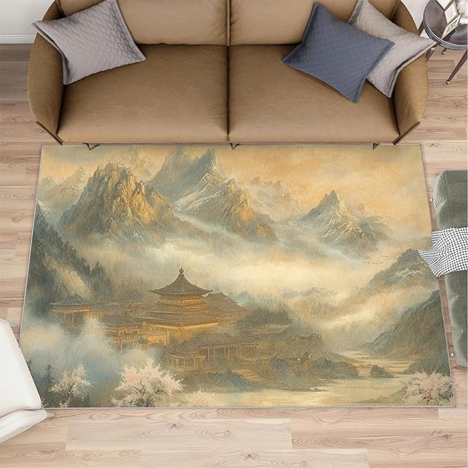 Misty Peaks Rugs for Bedroom - 5x6 Area Rug - Classic Fairy Palace Rugs for Living Room, Fairy Forest Rug, Washable Home Decor Carpet