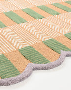Handmade Scalloped Wool Area Rug - Modern Geometric Pattern, Green-Beige Stripes, Checkered Chevron Design - Soft, Durable Thick Carpet for Living Room, Bedroom (Beige, 8' x 10')