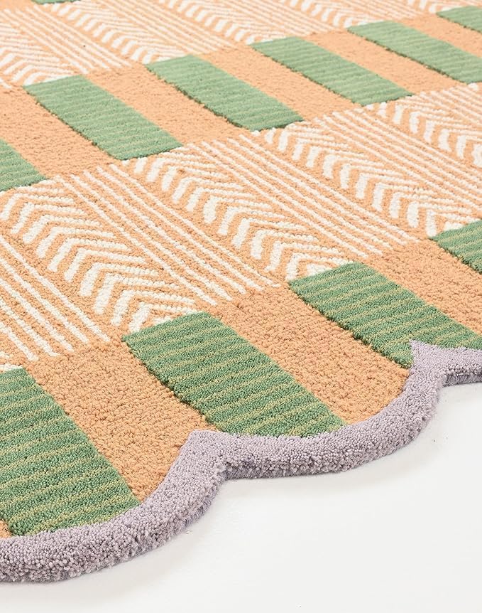 Handmade Scalloped Wool Area Rug - Modern Geometric Pattern, Green-Beige Stripes, Checkered Chevron Design - Soft, Durable Thick Carpet for Living Room, Bedroom (Beige, 5' x 8')