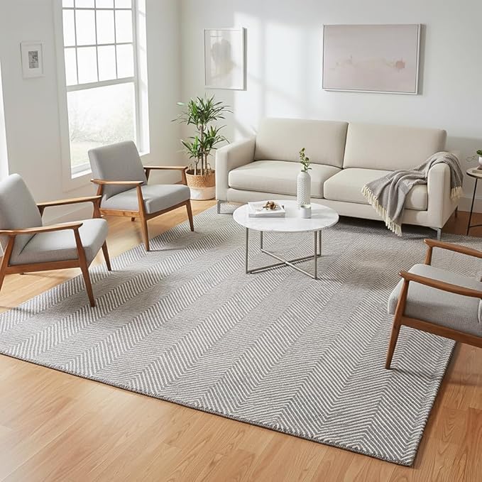 Modern Herringbone Chevron Collection Handcrafted Wool Area Rug - Durable, Zigzag Pattern, for High Traffic, Contemporary Design for Living Room, Bedroom, Dining Room Decor (Smoke Grey, 2.6' x 12')