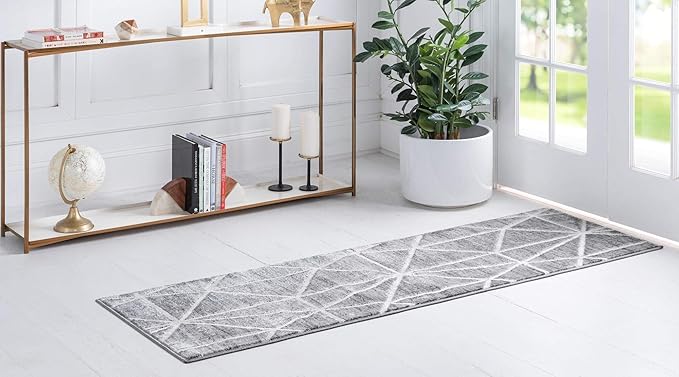 Rugs.com Lattice Trellis Collection Rug – 10 Ft Runner Gray Low-Pile Rug Perfect for Hallways, Entryways