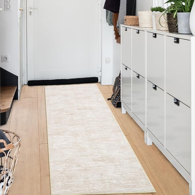 RUGSREAL Hallway Runner Rug 2.5x10 Long Kitchen Rug with Rubber Backing Low Pile Stain Resistant Entryway Carpet Washable Modern Solid Color Runner for Living Room Bedroom, Beige