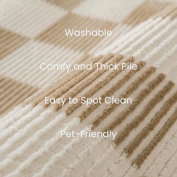 Revival Rugs Gambit 6'7"x9' Checkered Rug Washable Area Rug for Living Room Bedroom - 100% Recycled Oeko-TEX Certified, Medium Pile, Camel, Beige