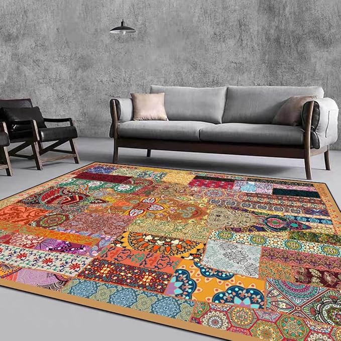Vintage Boho Area Rugs Multicolor Ethnic Style Geometric Splicing Carpets Bedroom Living Room Kitchen Floor Mats Indoor Outdoor Non-Shedding Runner Rug Home Décor Carpet 3' X 7'