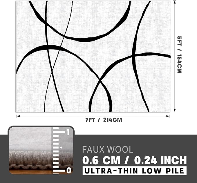 YIHOUSE 5x7 Washable Living Room Rug - Modern Abstract Black and White Area Rug Non-Slip for Bedroom Home Office (Curve, 5'x7'ft)