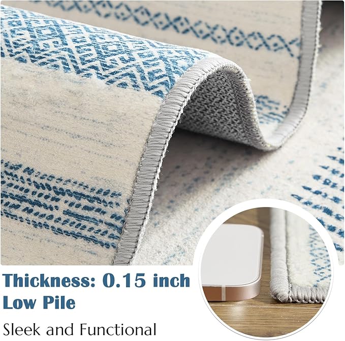 jinchan Moroccan Boho 6x9 Area Rugs for Living Room - Machine Washable Soft Throw Rug Bohemian Ripple Design Non-Slip Carpet for Bedroom Dining Room Home Office (6‘x9', Blue)