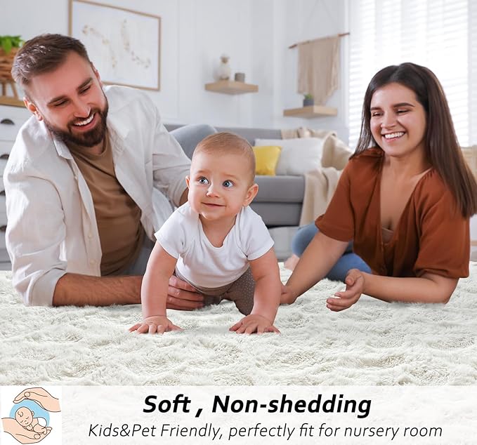 Beglad Fluffy Large Area Rugs 8x10 Feet, Modern Minimalist Style Shag Fuzzy Rugs, Non-Slip Indoor Carpet Soft Rugs for Kids Room, Bedroom & Living Room, Cream White