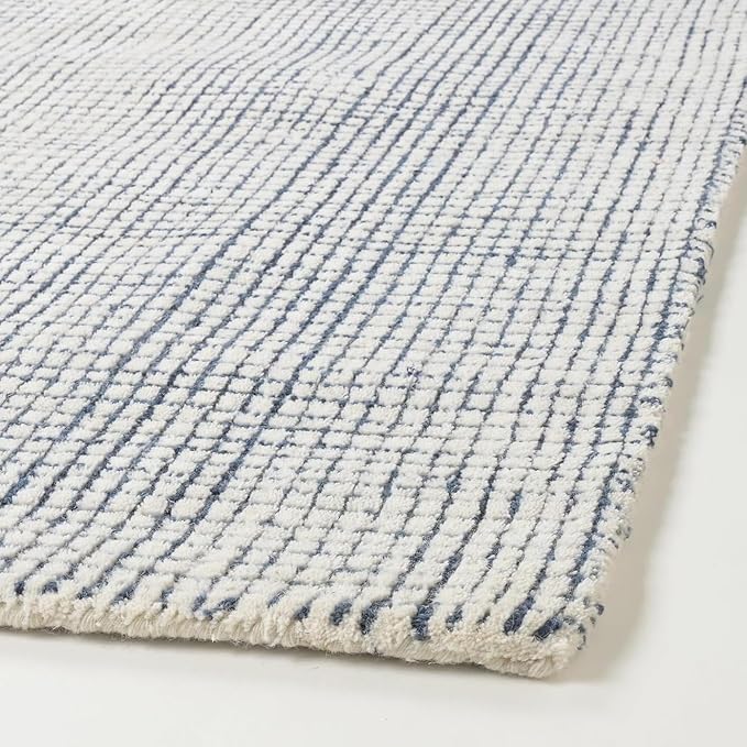Hand-Tufted 100% Wool Pile Area Rug – Geometric Textured Grid Check Pattern – Thick and Durable Floor Carpet for Bedroom, Living Room, Kids Room, and Dining Area (Indigo Blue, 5' x 5')
