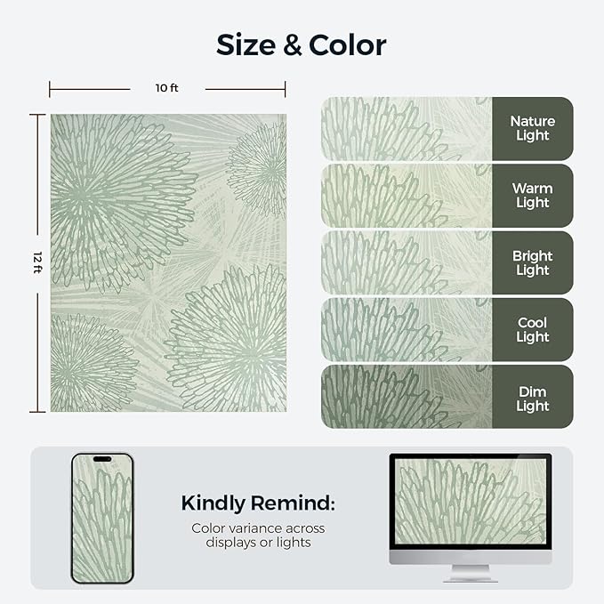 WITSHOCK 10x12 Washable Rug for Living Room,Modern Floral Distress Print Pattern Area Rugs,Stain Resistant with Non Slip Backing Carpet for Dining Room,Bedroom & Home Decor,Green/Light Green