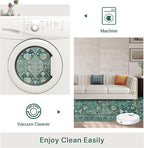 Bavni Washable Rug 8x10 Area Rug for Living Room Bedroom Dining, Washable Vintage Print Carpet, Ultra-Thin Chenille Low Pile Lightweight Rug with Non Slip Backing, Dark Green