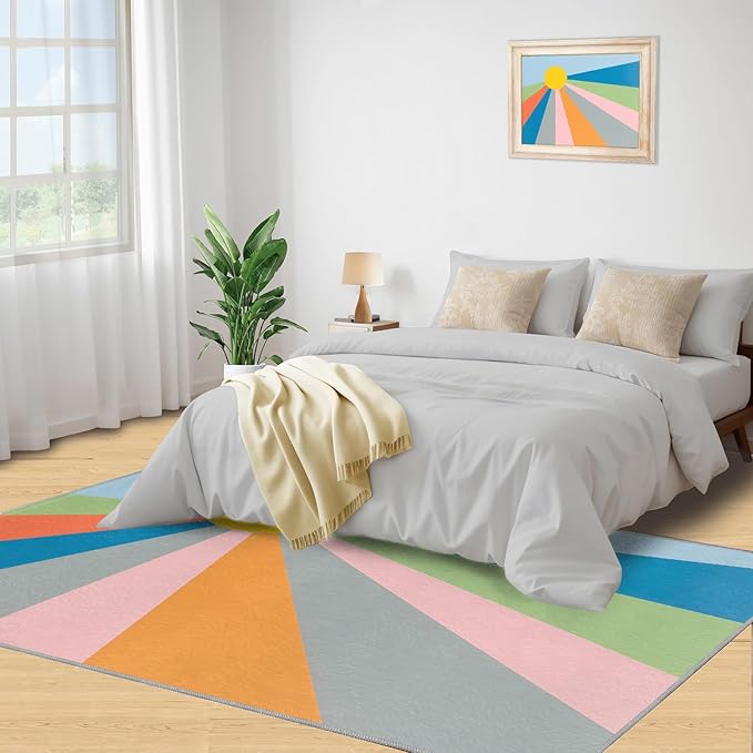 Boho Sun Area Rugs 5x6ft, Abstraction Deco Rugs for Kids Bedroom, Minimalist Sunburst Office Rug Low Pile are Not Stumbling Foot for Living Room End Table Nursery