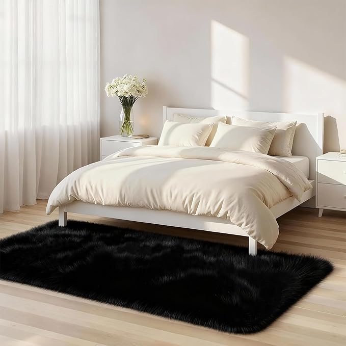 2x6 Solid Fluffy Black Area Rug – Washable, Durable, Small Bedroom Runner Rug, Non-Slip Shag Rugs for Hallway, Living Room, Bedroom, Bedside, Dorms, Kids Room, Nursery Rooms, Soft Indoor Carpet