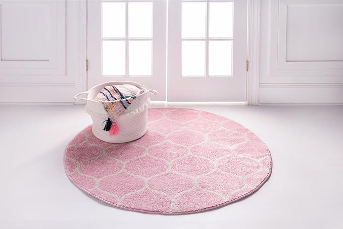 Rugs.com Lattice Frieze Collection Rug – 7' Round Light Pink Medium Rug Perfect for Kitchens, Dining Rooms