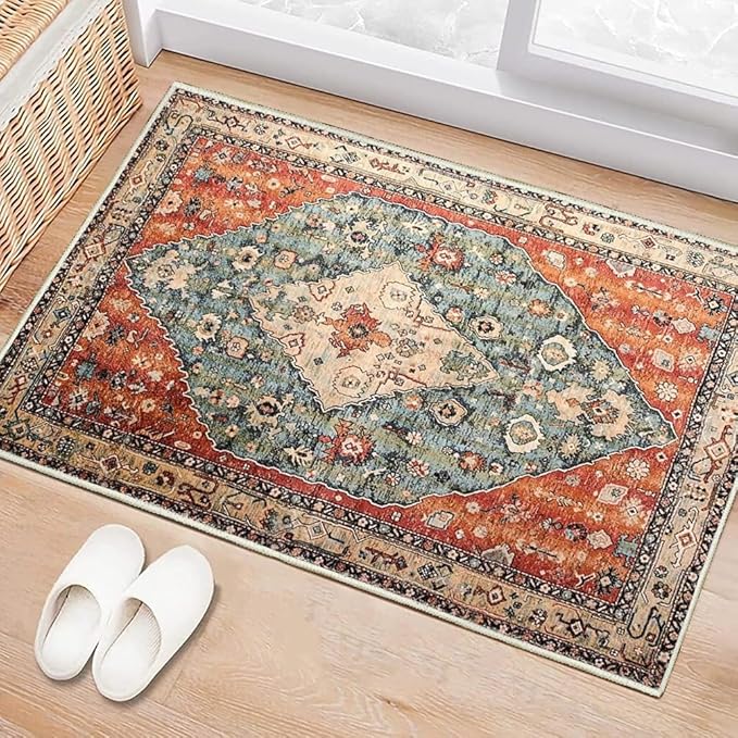 Boho Vintage Oriental Entry Rugs for Entrance Non-Slip Washable Tribal Small Area Rug,Ultra Soft Bohemian Floral Medallion Low-Pile Indoor Front Door Mat for Bedroom Kitchen Bathroom 16" x 24"