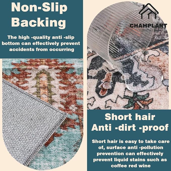 Washable Area Rug 3'x5' Vintage Traditional Floor Cover Foldable Thin Retro Accent Indoor Distressed Non Slip Carpet Floral Print Mat Bedroom Living Room
