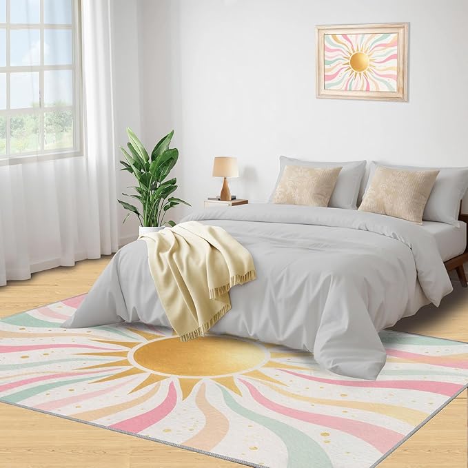 Boho Sun Area Rugs 3x5ft, Minimalist Sunburst Boys Rugs for Bedroom, Abstraction Deco Kids Room Rug Soft Fuzzy Washable for Living Room Game Room Coffee Table