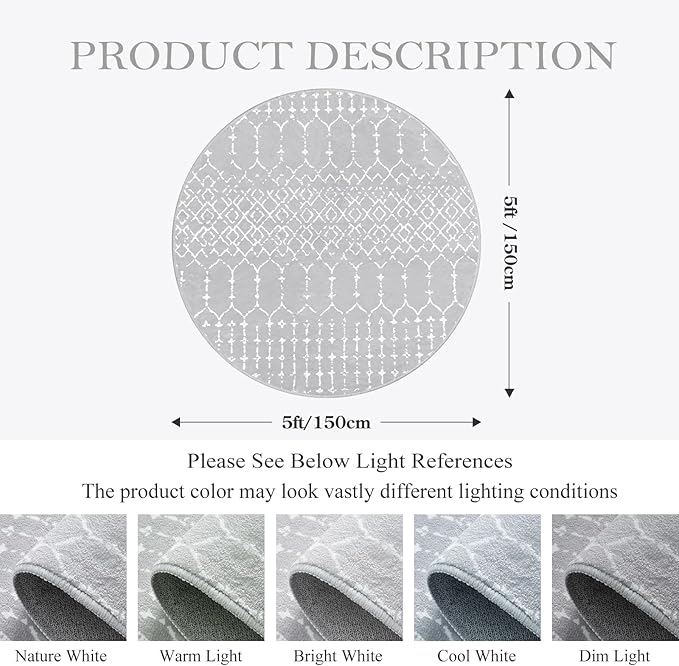 Lahome Moroccan 5Ft Round Rug Machine Washable Round Bedroom Carpet Grey Non-Slip Throw Circle Rugs for Living Room Low-Pile Large Round Rug, Modern Geometric Print Carpet for Office Dining Room