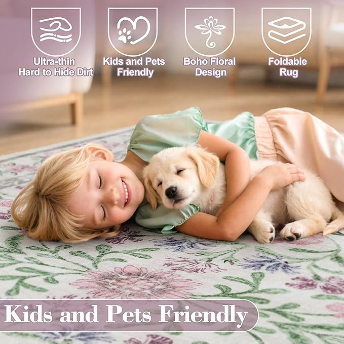 Wonnitar Floral Purple Round Area Rug 5ft, Soft Washable Kids Room Rug, Boho Ultra-Thin Non Slip Circle Carpet for Bedroom Girls Nursery Dorm Living Room Classroom, Light Purple/Pink