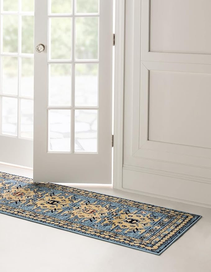 Unique Loom Taftan Collection Border Geometric Tribal Inspired Design Area Rug (2' 2 x 8' 2 Runner, Light Blue/ Gold)