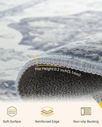 Area Rugs 5ft Washable Non-Slip, Floral Vintage Distress Print Pattern Medallion Carpet for Living Room Bedroom Dining Room, Light Gray Grey White