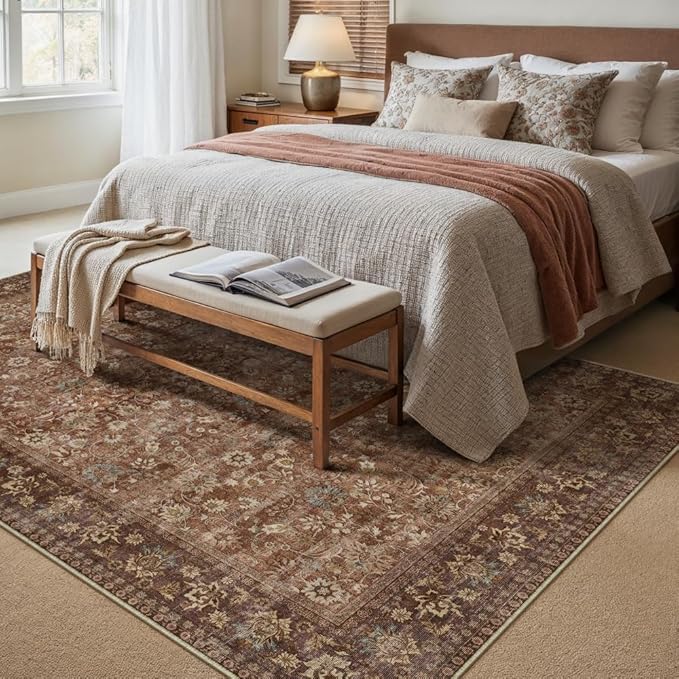 HUGEAR 5x7 Machine Washable Rugs Brick Red Hallway Area Rug Indoor Accent Rug Floral Low Pile Carpet Soft Throw Aesthetic Rug Bedroom Living Room Office Dining Room Kitchen Laundry Room Non Slip