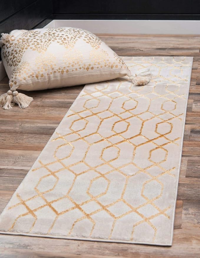 Marilyn Monroe Glam Collection Area Rug - Trellis (2' x 10' Runner, White Gold/ Gold)