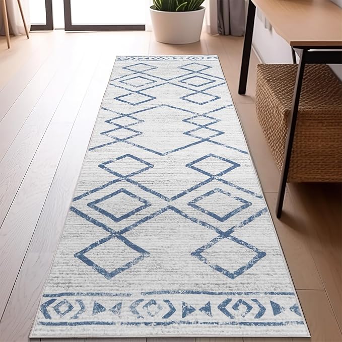 jinchan Moroccan Runner Rug 2x6 - Kitchen Machine Washable Runner Rug Modern Geometric Soft Low-Pile Lightweight Non-Slip Carpet for Entryway Hallway Laundry Room Bedroom Farmhouse (2x6ft, Blue)