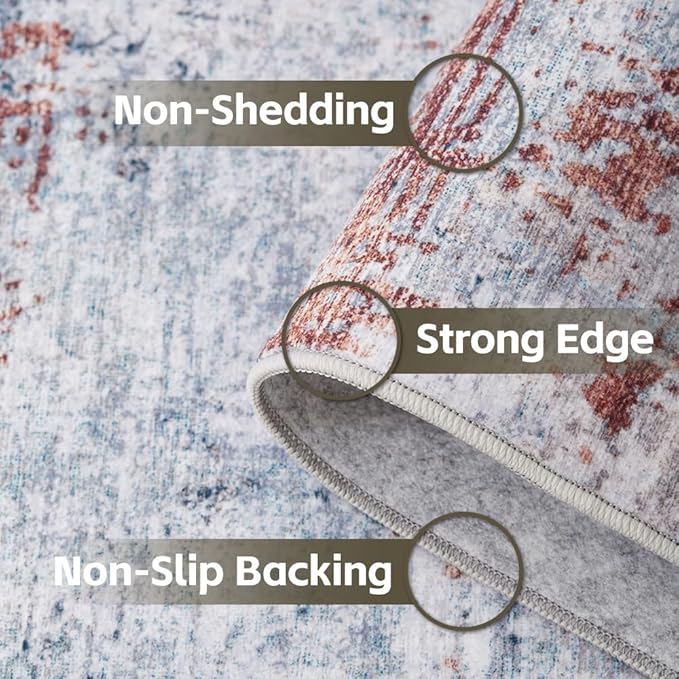 Area Rug 4x6 Washable Rug Grey and Brown for Living Room, Dining Room, Bedroom, Large Carpets, Non Slip & Non-Shedding Low Pile Vintage Print Rug for Home Office Decor