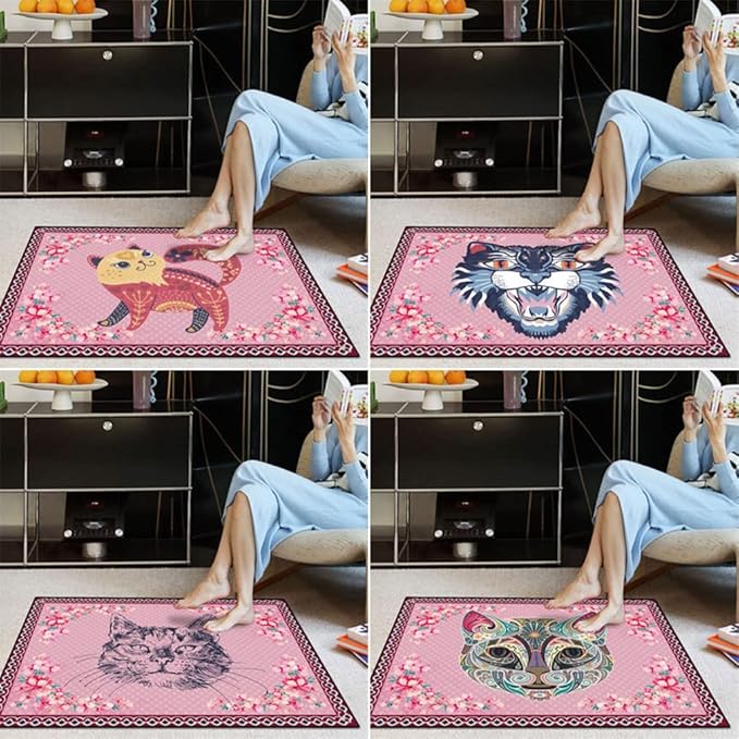 Cartoon Animal Pattern Area Rug Cute Cat Luxury Floral Decor for Carpet Farmhouse Bedroom Living Room Rugs Bathroom Kitchen Runner Mat Indoor Outdoor Non Slip Doormat 4' X 6.5'