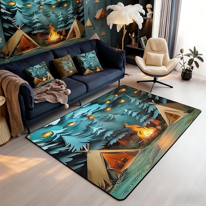 Camping Area Rug 3x5 Woodland Camp Rugs for Living Room | Vintage Camfire Tent Washable Rug, Camper Decor Rustic Carpet Indoor Floor Mat,Farmhouse Decor