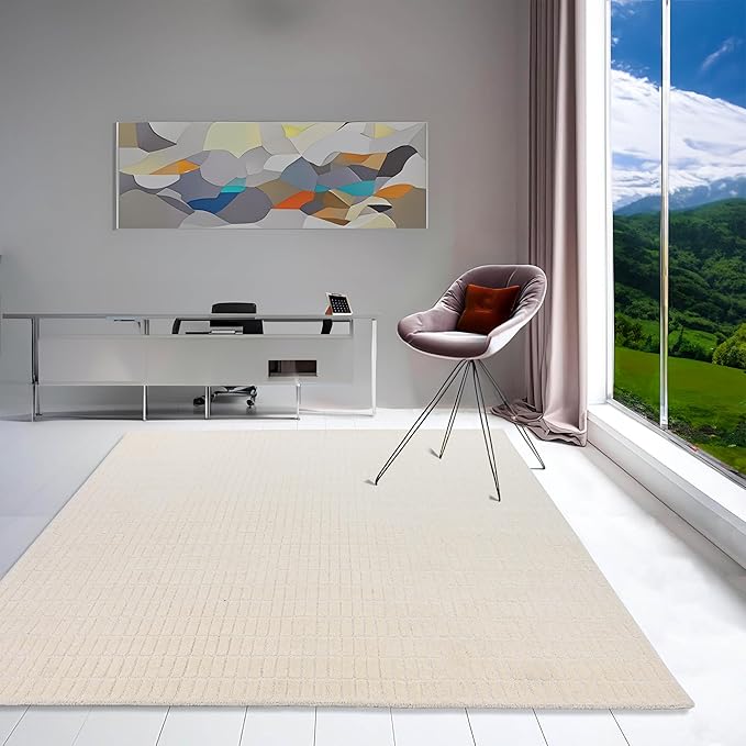 Hand-Tufted 100% Wool Area Rug – Unique Modern Geometric Grid Pattern, Soft Plush Textured Carpet for Living Room, Bedroom, Dining Room & Entryway (Beige, 9' x 12')