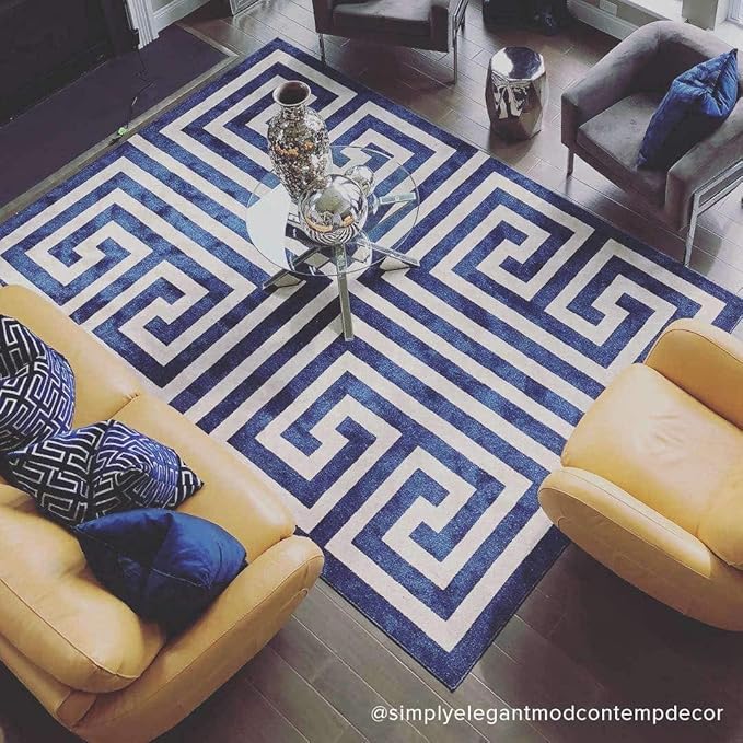 Unique Loom Athens Collection Classic Geometric Modern Border Design Area Rug (2' 0 x 3' 0 Rectangular, Navy Blue/ Beige)