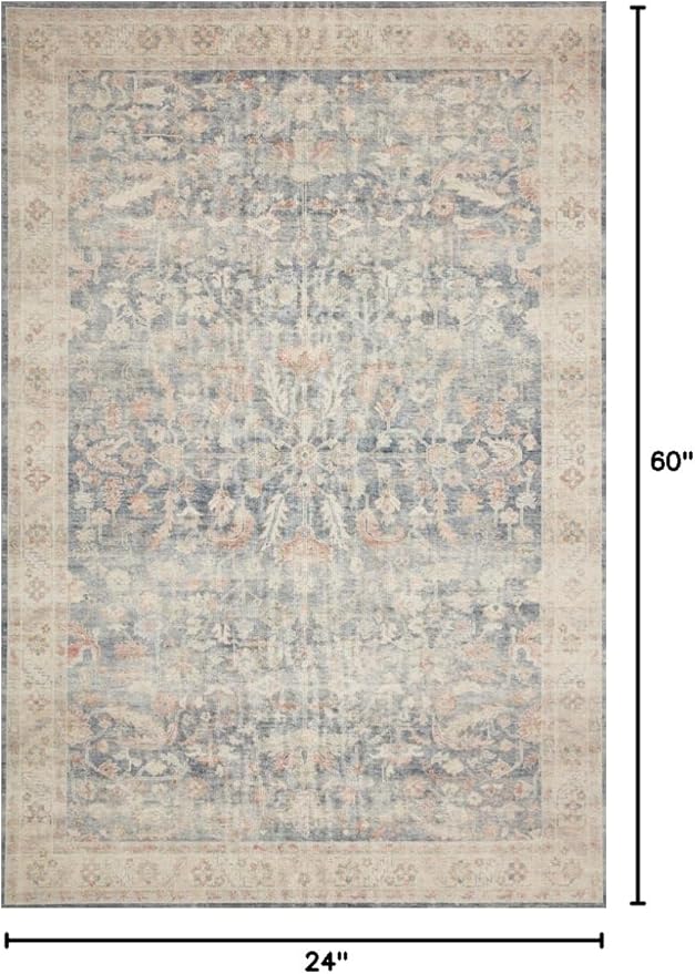 Loloi Hathaway Collection HTH-02 Denim/Multi 2'-0" x 5'-0", .25" Thick Accent Rug, Soft, Durable, Printed, Modern, Low Pile, Non-Shedding, Easy Clean, Living Room Rug