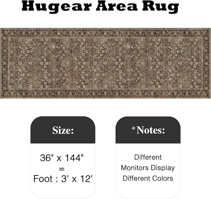 HUGEAR 3x12 Runner Rug Machine Washable Brown Hallway Area Rug Indoor Accent Rug Floral Low Pile Carpet Soft Throw Rug Bedroom Living Room Office Dining Room Kitchen Laundry Room Non Slip