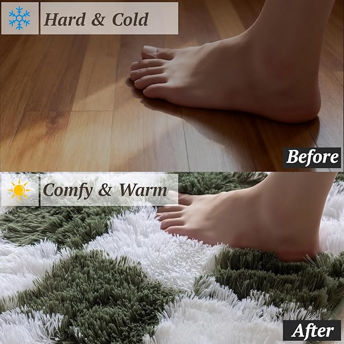 4x6 Area Rugs for Living Room Bedroom, Soft Fluffy Shaggy Bedside Rug, Indoor Floor Carpet for Kids Playroom, Dorms, Nursery Rooms, Home Decor (Olive Green & White 4'x6')