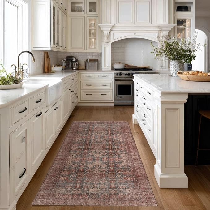 Kuden 2'6"x10 Runner Rug, Machine Washable Area Rug with Non-Slip Backing, Vintage Style, Soft, Easy Clean, Low Pile Rug for Hallway, Entryway, Kitchen, Bedroom
