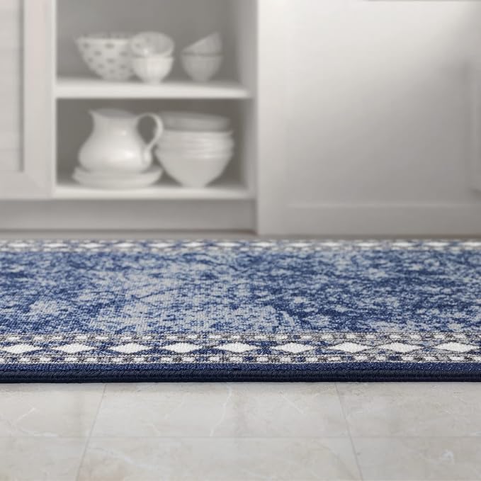 Antep Rugs Alfombras Modern Bordered 2x10 Non-Skid (Non-Slip) Low Profile Pile Rubber Backing Indoor Area Runner Rugs (Navy Blue, 2' x 10')