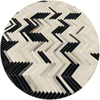 Round Cowhide Faux Leather Area Rug 10×10 ft – Black & White Modern Chevron Pattern Low Pile Carpet with Non-Slip Wool Backing, Soft Durable Living Room & Bedroom Accent Rug